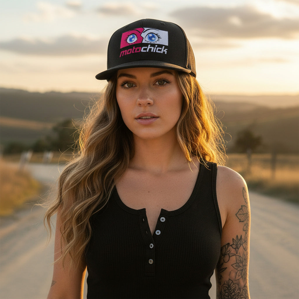 motochick Black Flat Peak Cap